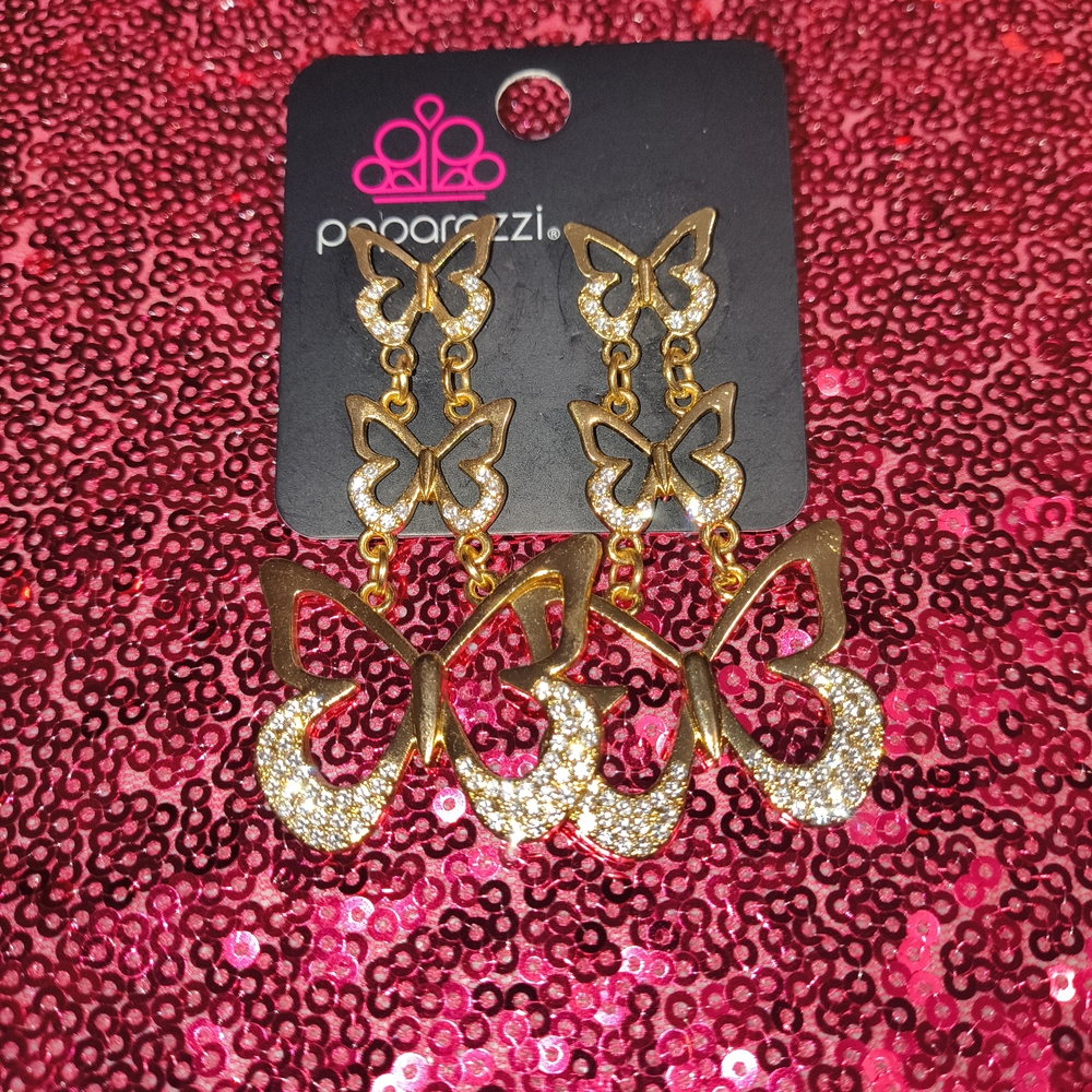 Butterfly Earrings, Gold With Rhinestones, Black Butterfly W/ Iridescent Stones